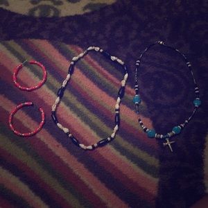 2 home made necklaces and a pair of hoops